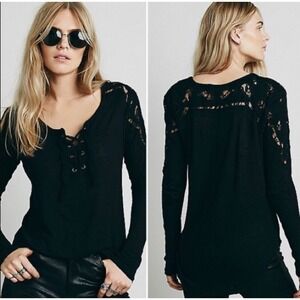Free People Womens Jennie Lace Up Crochet Lace Long Sleeve Size S Black Boho